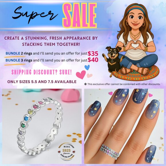 🆕️Rainbow Heart Ring S925 Sterling Silver Dainty Minimalist Bundle Offer Sz 5.5 - Picture 3 of 12